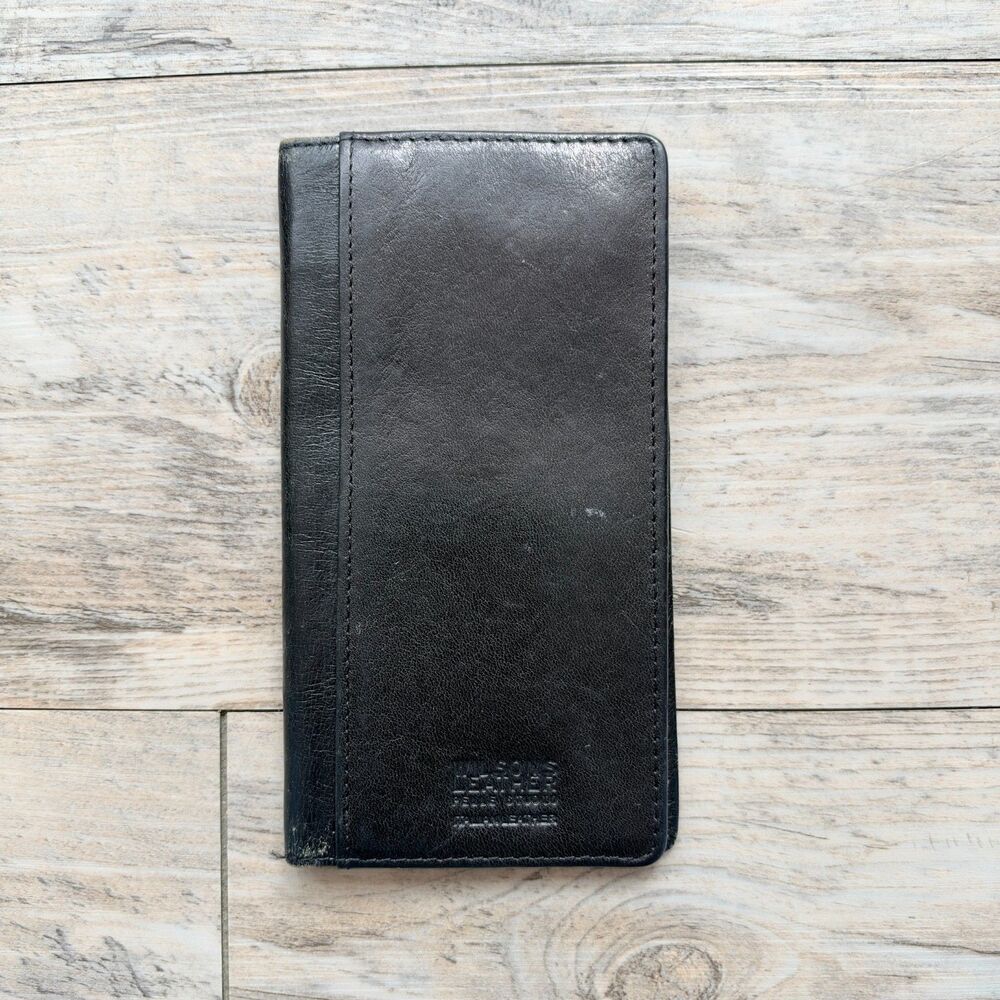 Black Genuine Leather Long Wallet ID Window Bifold Checkbook Organizer Vintage